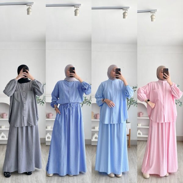 2ea7e740-872c-4ddd-a660-e86466d21baa.jpg ByMeldev Cotton Stripes Shirt & Skirt Kemeja Rok Salur Set Setelan