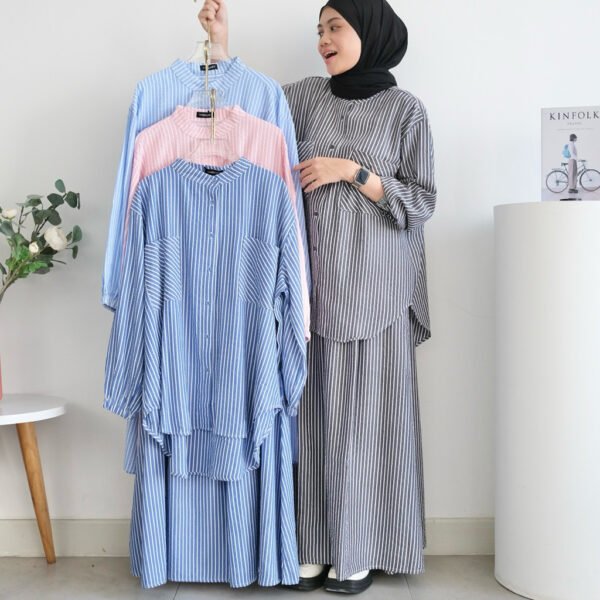 6e71f919-0e3c-4c9d-b017-5e90b7fc2f6d.jpg ByMeldev Cotton Stripes Shirt & Skirt Kemeja Rok Salur Set Setelan