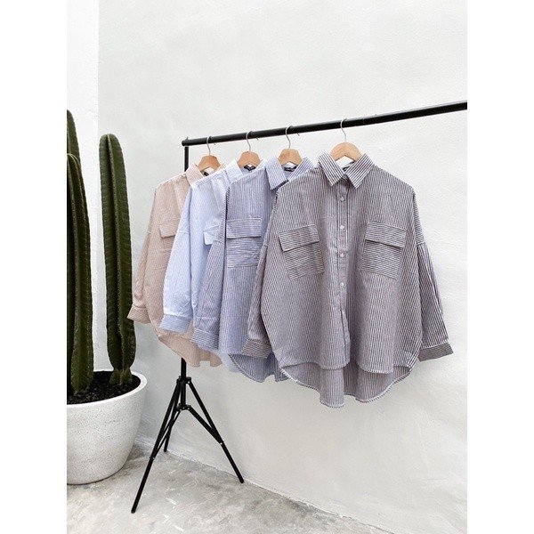 Basic Oversized Stripes Shirt Kemeja Salur Batwing